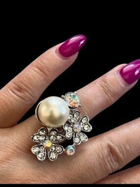 Statement cocktail Fashion ring, adjustable, AB stones, oversized faux pearl